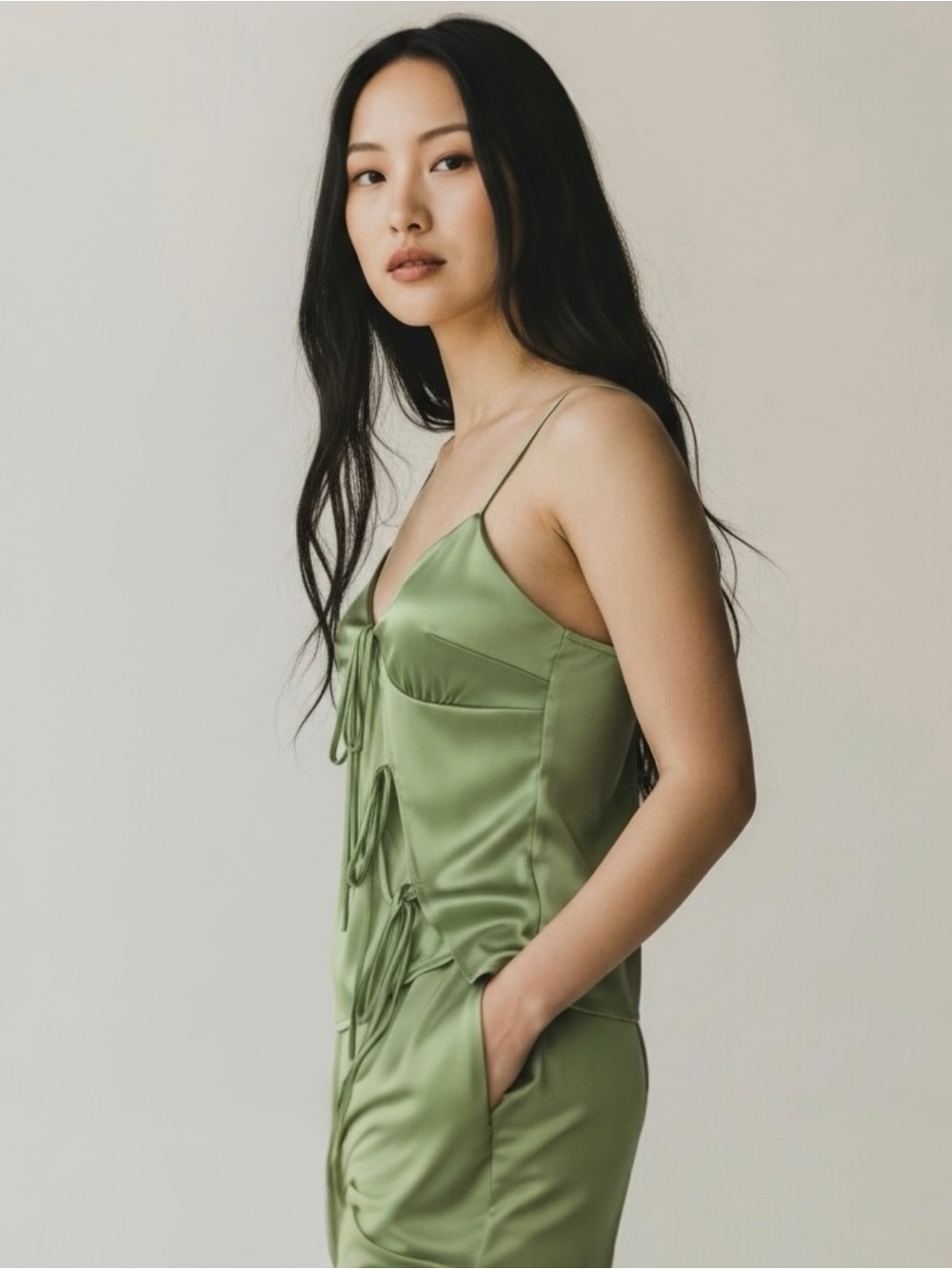 Pretty Garbage Cropped Cami Top Lime Green Satin- Tie Front - Size Small